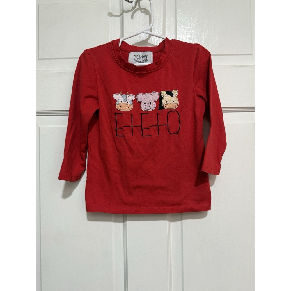 Kids 3T Farm Barn Appliqué Red Long Sleeve Shirt Cow Pig Horse Old McDonald